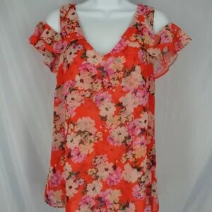 Cabi lush blouse women's mediu red floral flutter off shoulder v neck blouse top